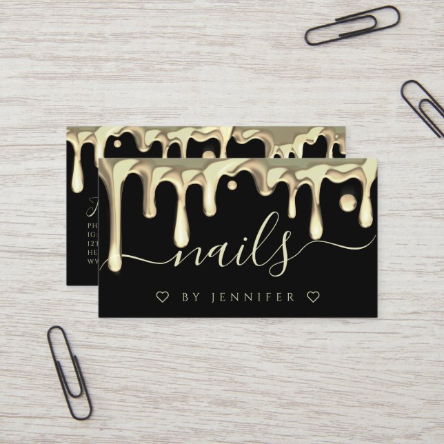 Carte De Visite Code QR Artiste Ongles Drips Vernis Doré Noir (Devant/Arrière en situation)