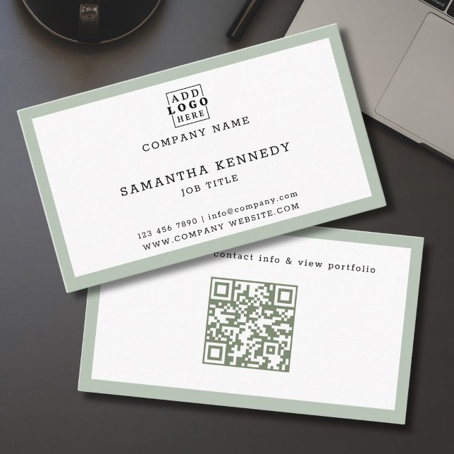 Carte De Visite Code QR avec bordure vert sauge Professionnel Logo (Créateur téléchargé)
