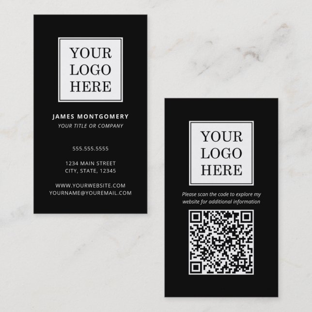 Carte De Visite Code QR avec logo personnalisé Professionnel Noir  (Devant / Derrière)