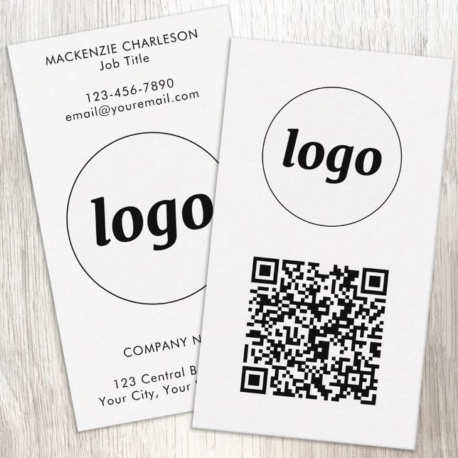 Carte De Visite Code QR avec texte de logo simple au format vertic (Simple logo with custom text and QR code business branding promotional vertical business cards)