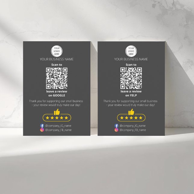 Carte De Visite Code QR avis des petites entreprises GOOGLE et YEL (Two sided QR-code "leave a review" business card. Five stars review. Custom logo, yelp and google)