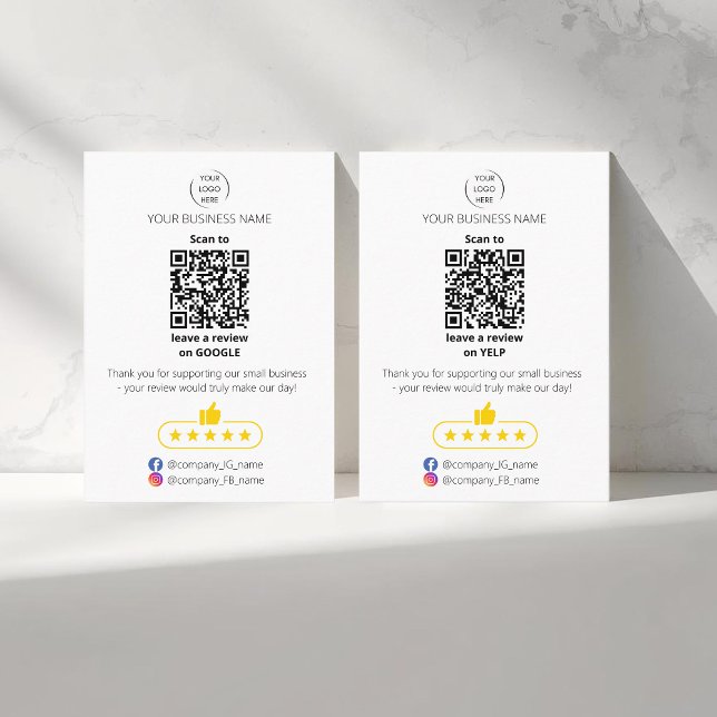 Carte De Visite Code QR avis des petites entreprises GOOGLE et YEL (Two sided QR-code "leave a review" business card. Five stars review. Custom logo, yelp and google)