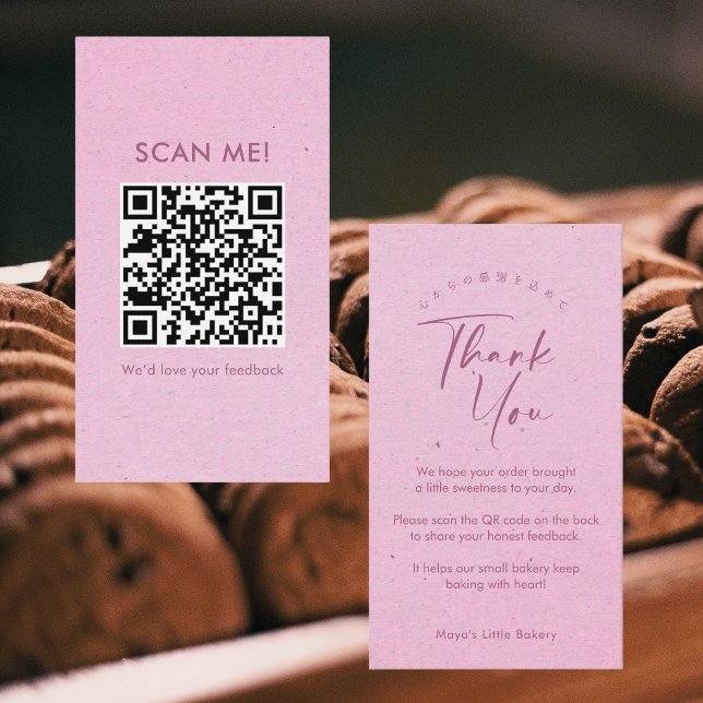 Carte De Visite Code QR « Avis » écriture élégante Kraft rose (Créateur téléchargé)