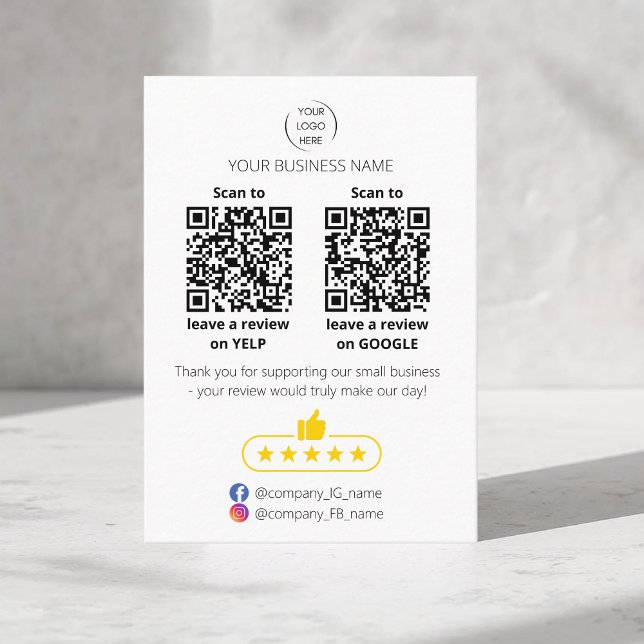 Carte De Visite Code QR avis sur les petites entreprises GOOGLE et (QR-code "leave a review" business card. Five stars review. Custom logo, yelp and google)