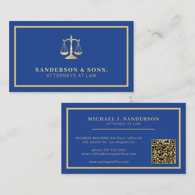 Carte De Visite Code QR avocat avocat professionnel or bleu (Devant / Derrière)