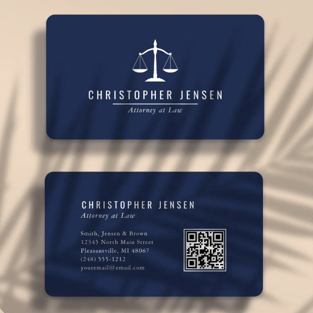Carte De Visite Code QR avocat Bleu marine Blanc Échelles Arrondi (Créateur téléchargé)