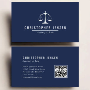 Carte De Visite Code QR avocat bleu marine blanc échelles simple