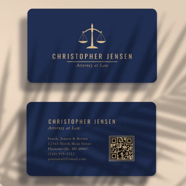 Carte De Visite Code QR avocat Bleu marine Or Balance Rond (Créateur téléchargé)