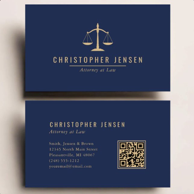 Carte De Visite Code QR avocat échelles de justice bleu marine or  (Créateur téléchargé)