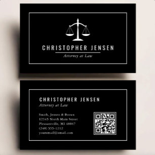 Carte De Visite Code QR Avocat Échelles Noir Blanc Classique