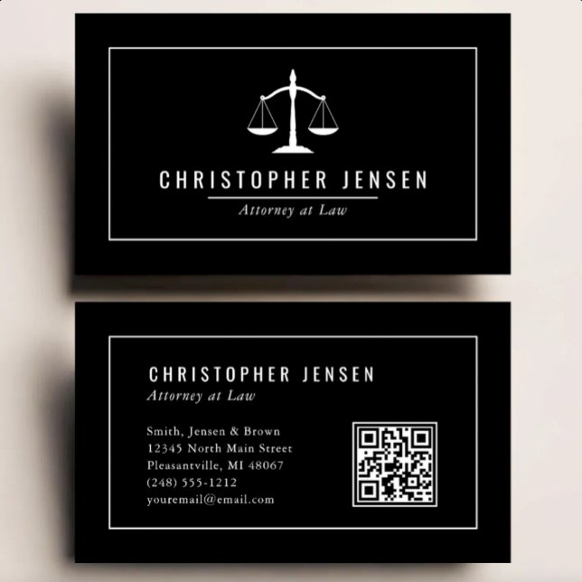 Carte De Visite Code QR Avocat Échelles Noir Blanc Classique (Créateur téléchargé)