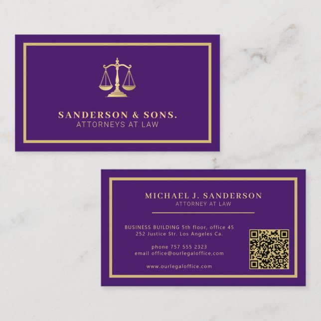Carte De Visite Code QR avocat juriste professionnel or violet (Devant / Derrière)