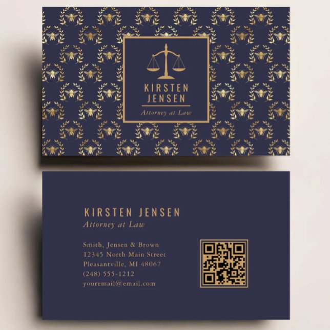 Carte De Visite Code QR avocat motif abeilles et laurier bleu fonc (Créateur téléchargé)