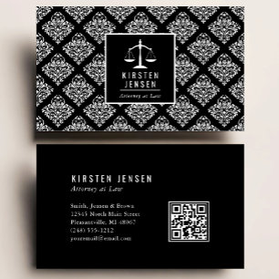 Carte De Visite Code QR avocat motif damas noir blanc