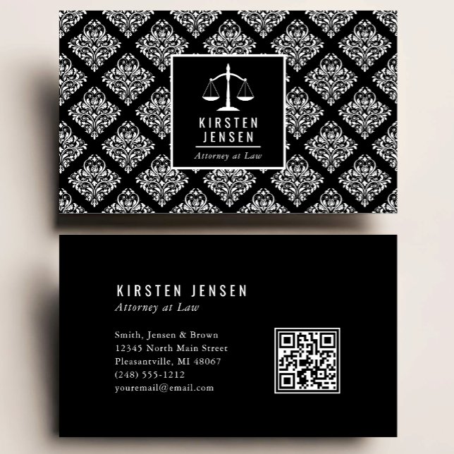 Carte De Visite Code QR avocat motif damas noir blanc (Créateur téléchargé)
