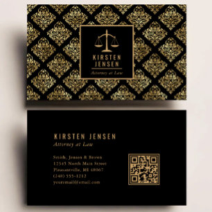 Carte De Visite Code QR avocat motif damas noir or