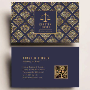 Carte De Visite Code QR avocat motif damas or bleu foncé
