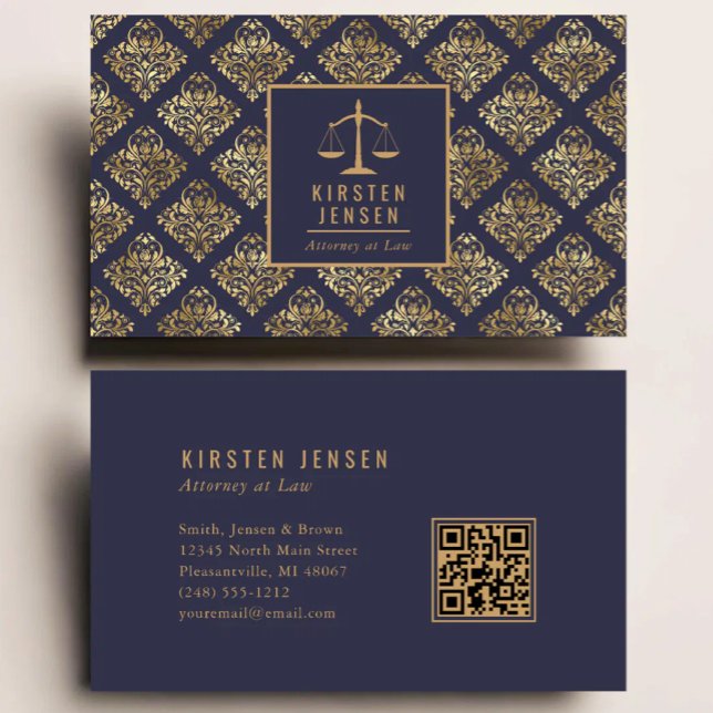 Carte De Visite Code QR avocat motif damas or bleu foncé (Créateur téléchargé)
