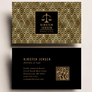 Carte De Visite Code QR avocat motif géométrique déco noir or