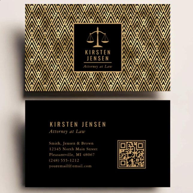 Carte De Visite Code QR avocat motif géométrique déco noir or (Créateur téléchargé)