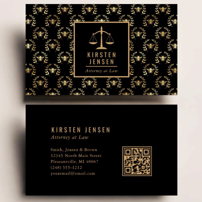 Carte De Visite Code QR avocat motif noir or abeille laurier (Créateur téléchargé)