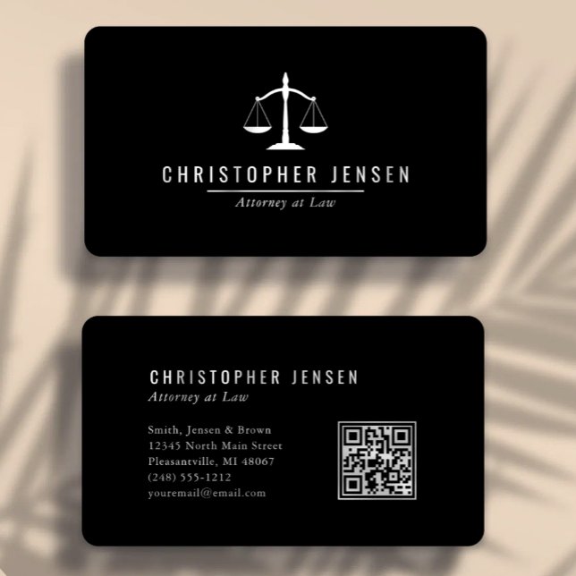 Carte De Visite Code QR Avocat Noir Blanc Échelles Simple Arrondi (Créateur téléchargé)