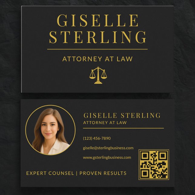 Carte De Visite Code QR Avocat Noir & Or Avocat au Barreau (Créateur téléchargé)