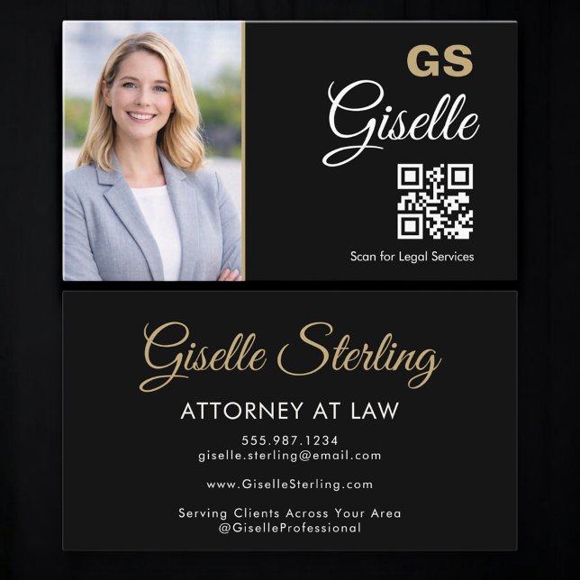 Carte De Visite Code QR Avocat Noir Or Photo  (Créateur téléchargé)