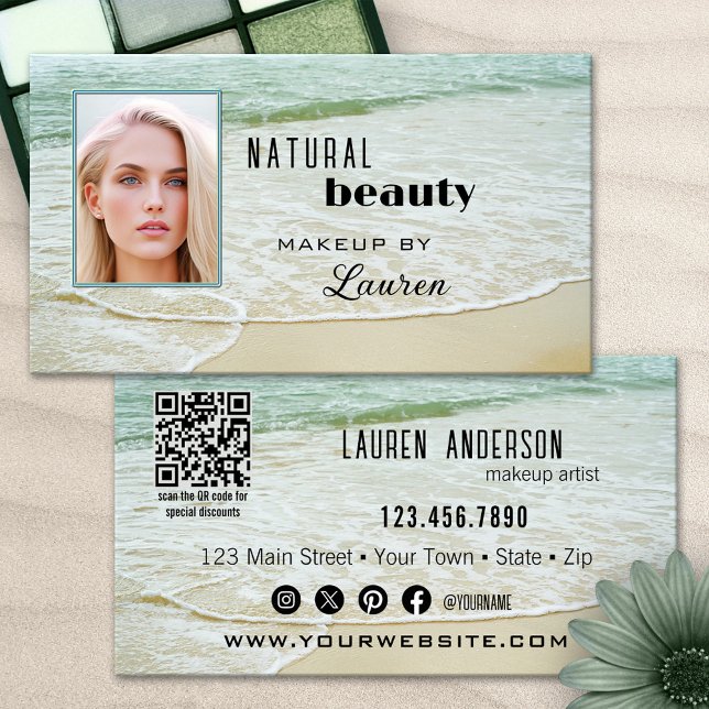 Carte De Visite Code QR Beauté de plage Maquillage professionnel (Business card featuring an image of a beach with your custom photo, QR code and social media)