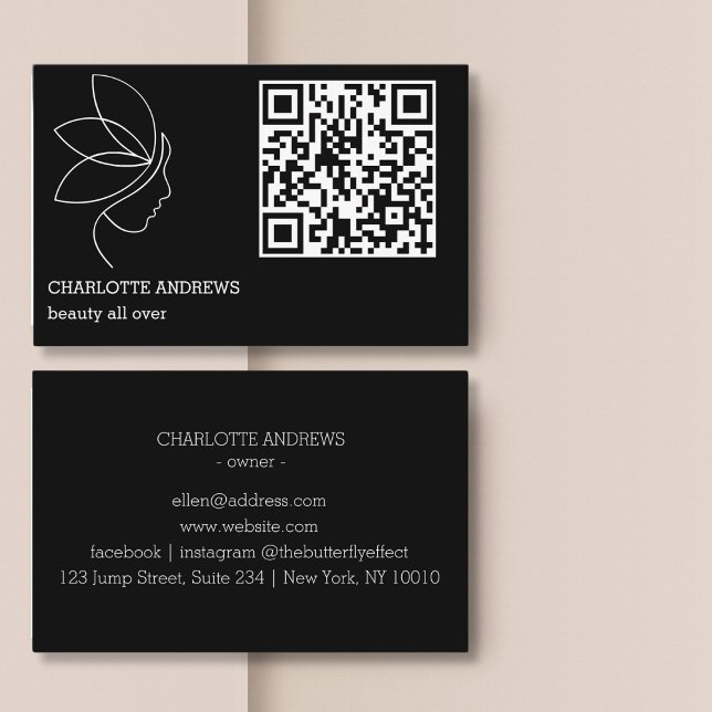 Carte De Visite Code QR, beauté, logo, ligne Art Black (QR code, beauty, logo, line Art Black Business Card)