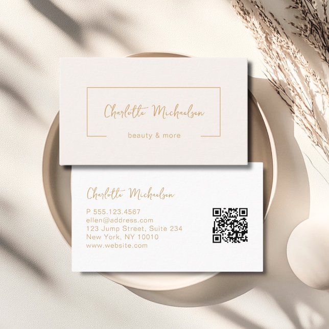 Carte De Visite Code QR Beige Écriture Minimale (Minimal Handwriting Beige QR Code Business Card)