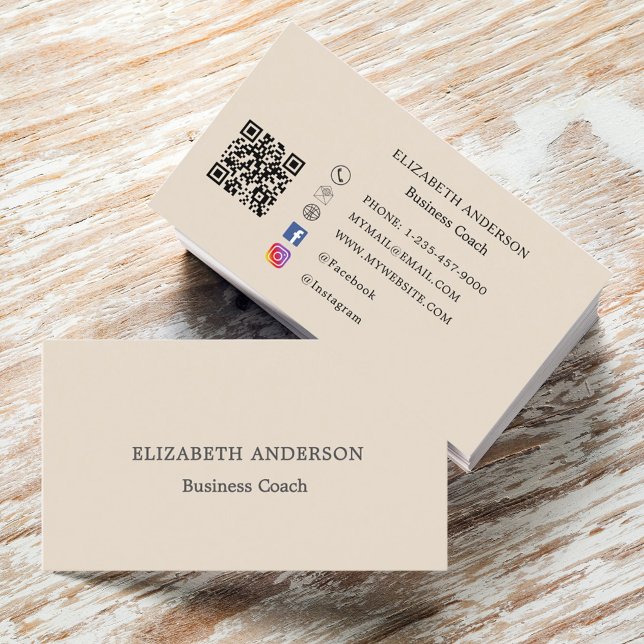 Carte De Visite Code QR Beige médias sociaux (Créateur téléchargé)