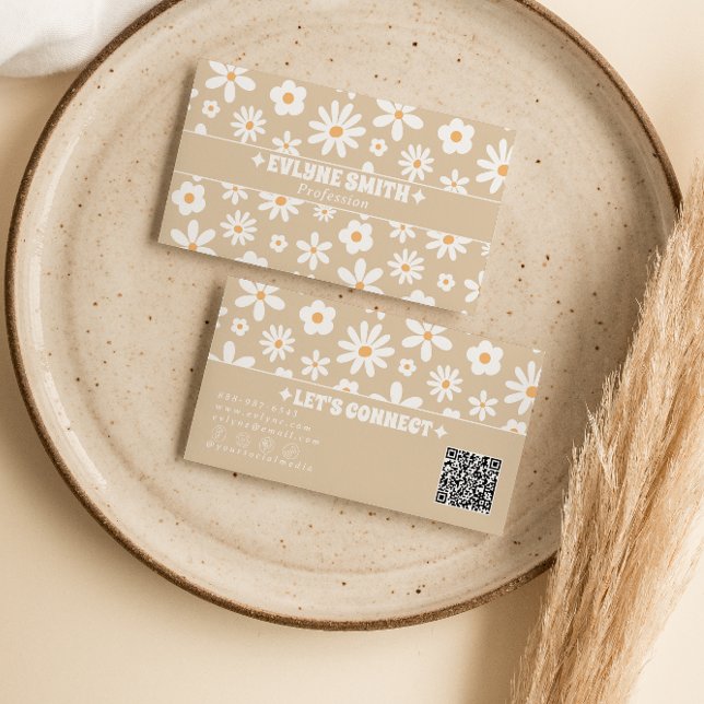 Carte De Visite Code QR Beige Rétro Fleur Groovy Bohème Unique (Créateur téléchargé)