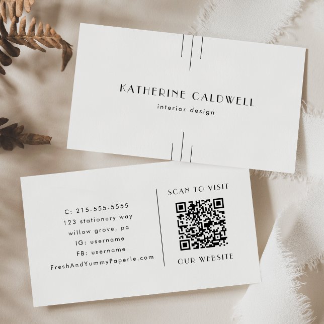 Carte de visite code QR blanc et noir Art Déco min (EVERLY Minimalist Art Deco White and Black QR Code Business Card)