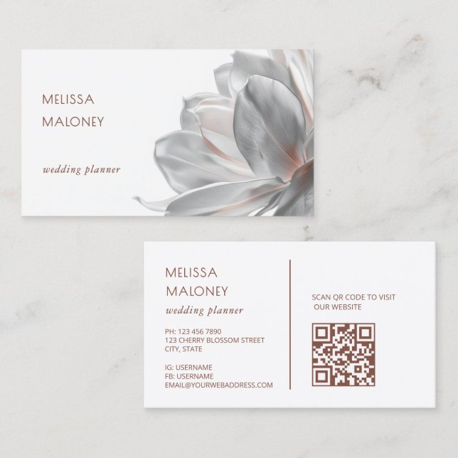 Carte de visite Code QR Blanc Magnolia Argenté Blu (Devant / Derrière)