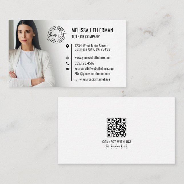 Carte De Visite Code QR Blanc Professionnel Photo Votre Logo (Devant / Derrière)