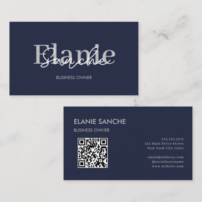 Carte De Visite Code QR Bleu de la marine tendance élégant moderne (Devant / Derrière)