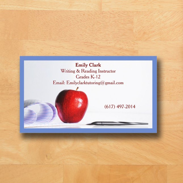 Carte De Visite Code QR Bleu Enseignant École Pomme Rouge   (Blue Business Card for Teacher )