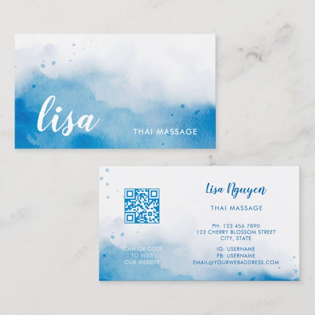 Carte de visite Code QR Bleu Fond Aquarelle (Devant / Derrière)