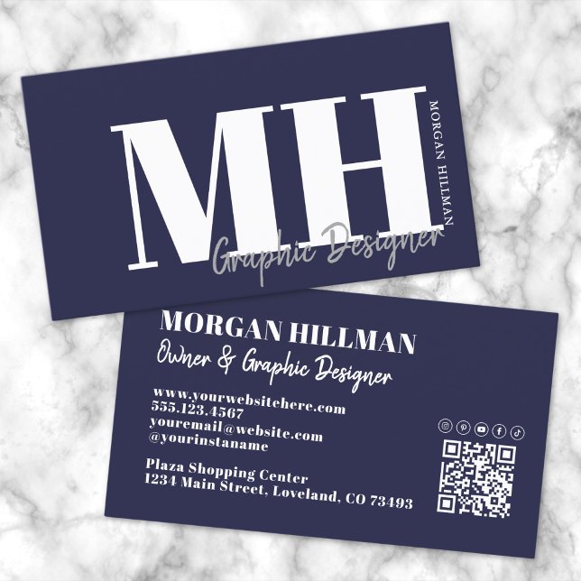 Carte De Visite Code QR bleu marine Monogramme simple (Navy Blue QR Code Simple Monogram Business Card )