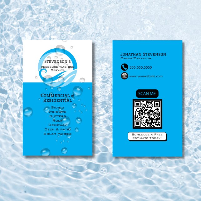 Carte De Visite Code QR Bleu Moderne Personnalisable de Lavage sou (Créateur téléchargé)