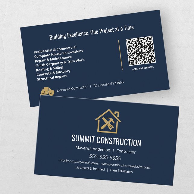 Carte De Visite Code QR bleu or Entreprise de Construction Moderne (Créateur téléchargé)