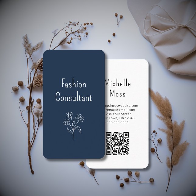 Carte De Visite Code QR Boho Flower Illustration Simple Navy Blue (Créateur téléchargé)
