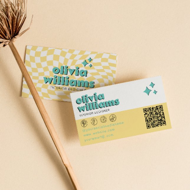 Carte De Visite Code QR Boho Groovy à carreaux gras Retro Unique (Créateur téléchargé)