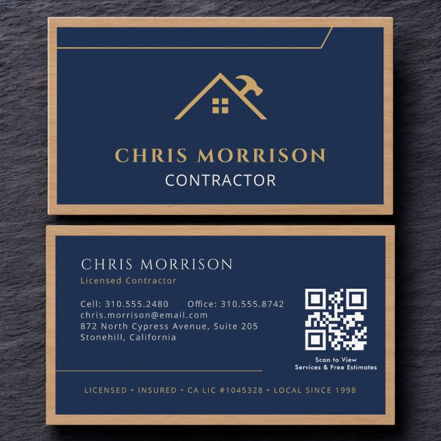 Carte De Visite Code QR Bois Construction Entreprise Bleu Marine (Créateur téléchargé)