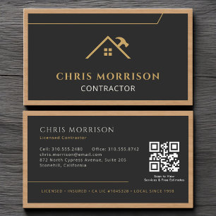 Carte De Visite Code QR Bois de Construction Entrepreneur Or Noir