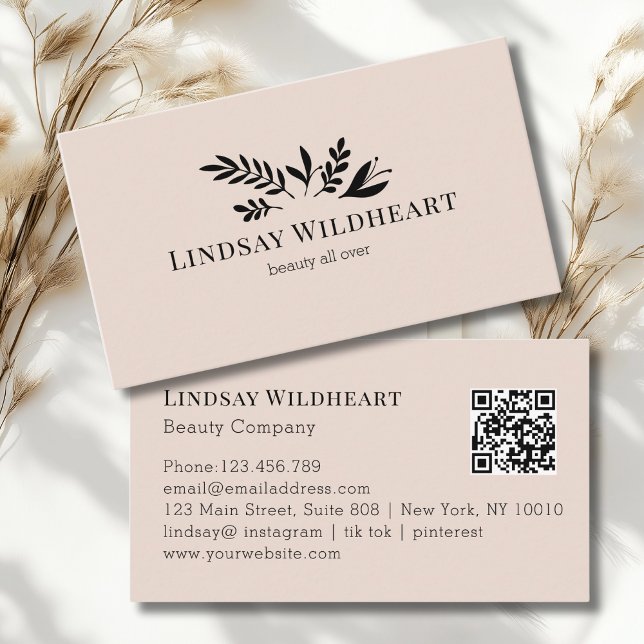Carte De Visite Code QR botanique beige-rose floral minimal (Minimal Floral Beige - Blush Botanical Beauty QR Code Business Card)
