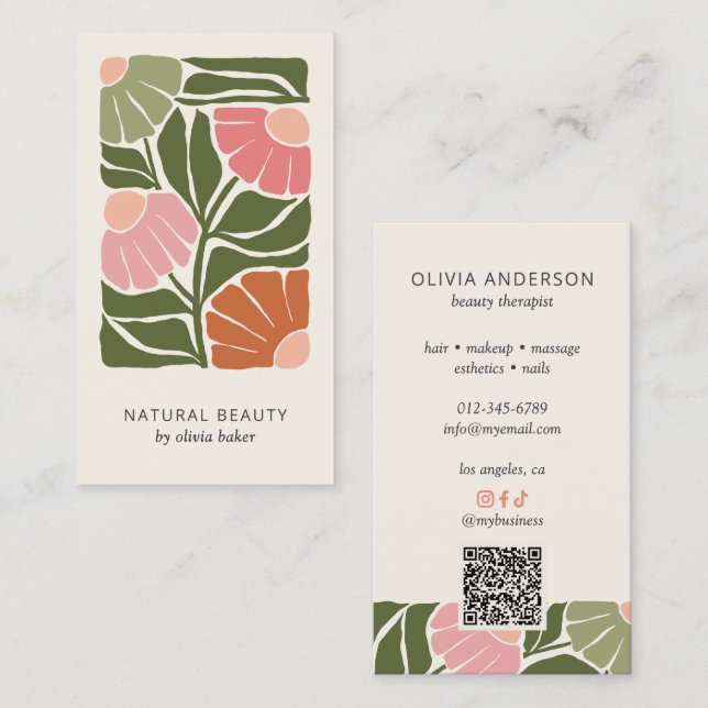 Carte De Visite Code QR botanique floral abstrait rétro et réseaux (Devant / Derrière)