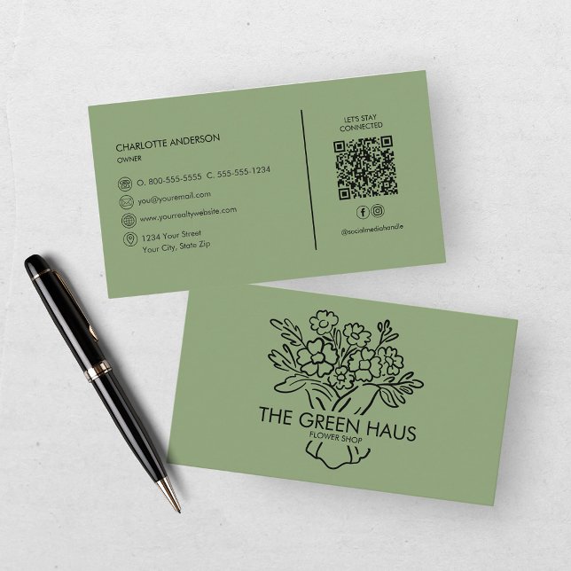 Carte De Visite Code QR botanique vert de fleuriste dessiné à la m (Créateur téléchargé)