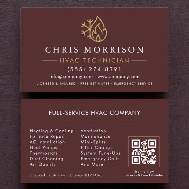 Carte De Visite Code QR Bourgogne Or HVAC Moderne (Créateur téléchargé)